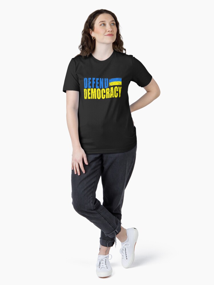 Thumbnail 4 of 7, Essential T-Shirt, DEFEND DEMOCRACY with UKRAINIAN FLAG DISTRESSED designed and sold by LoveAndDefiance.