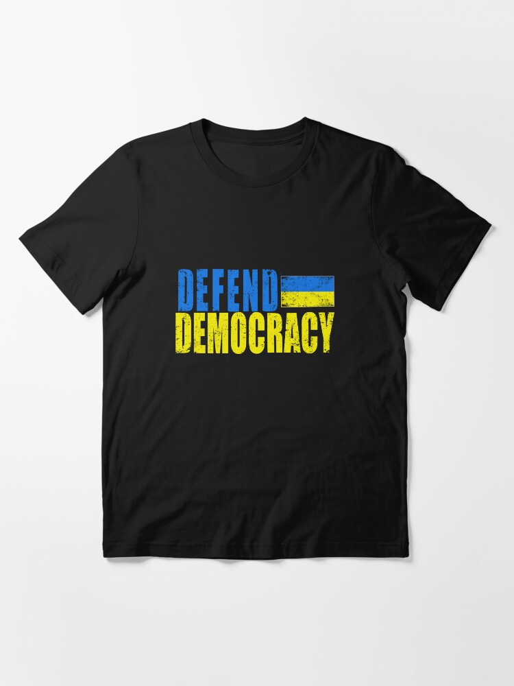 Thumbnail 3 of 7, Essential T-Shirt, DEFEND DEMOCRACY with UKRAINIAN FLAG DISTRESSED designed and sold by LoveAndDefiance.