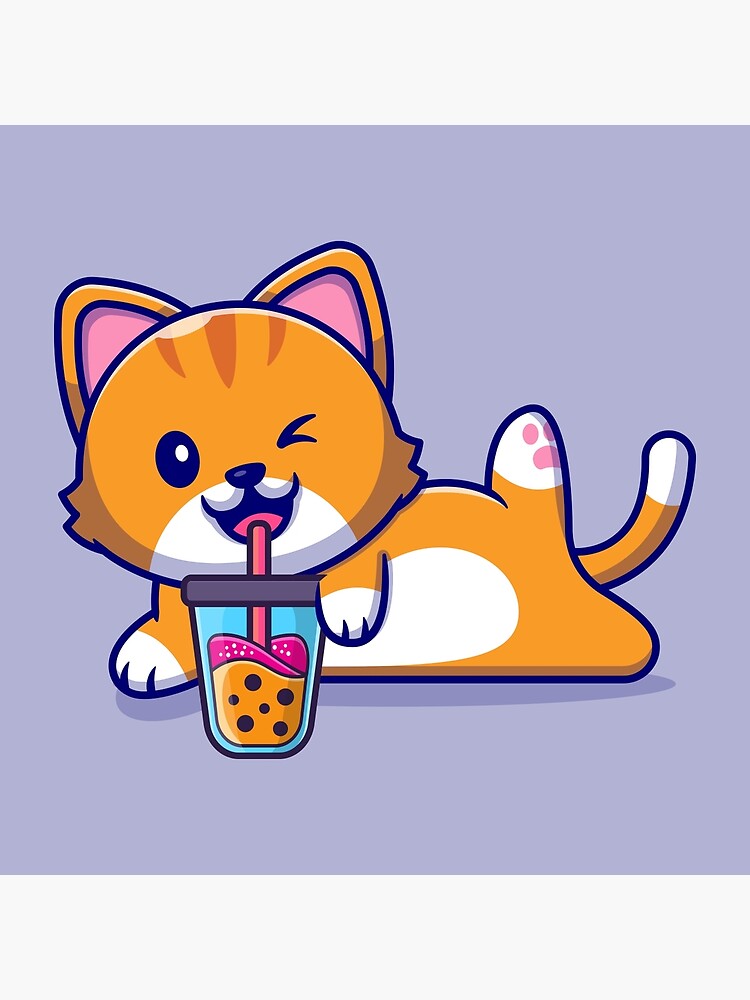 Cute Cat Drink Boba Milk Tea Cartoon Vector Icon Illustration