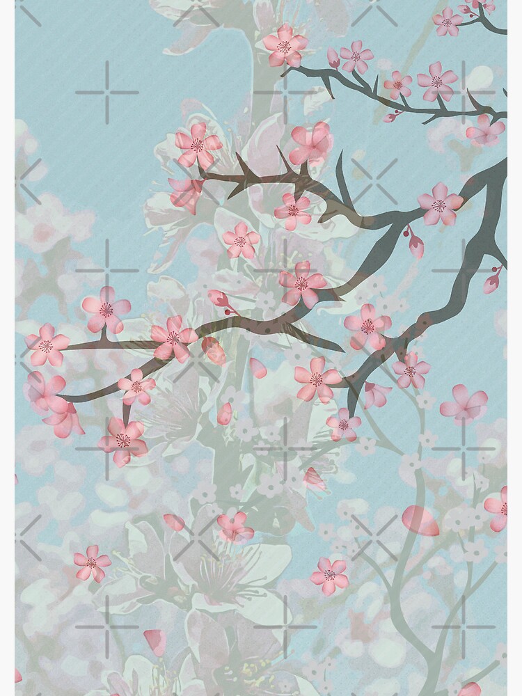 "Soft Pink Cherry Blossoms on a light blue vintage aesthetic background