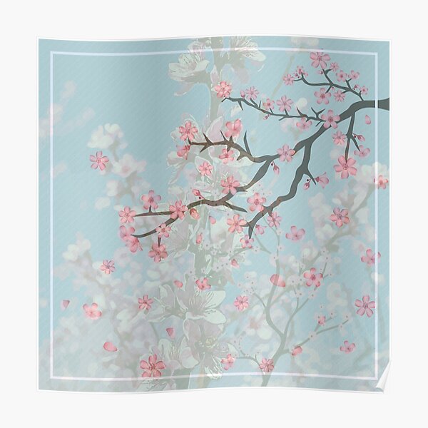 "Soft Pink Cherry Blossoms on a light blue vintage aesthetic background