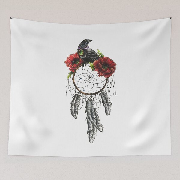 Item preview, Crow perching on Dreamcatcher, Dreamcatcher Bird Flower Tattoo Poppy, Dreamcatcher, Feathers designed and sold by Shop-ArtGallery.