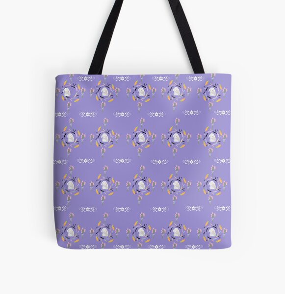 Grey Bunnies, Carrots, and Flower Wreaths Pattern All Over Print Tote Bag