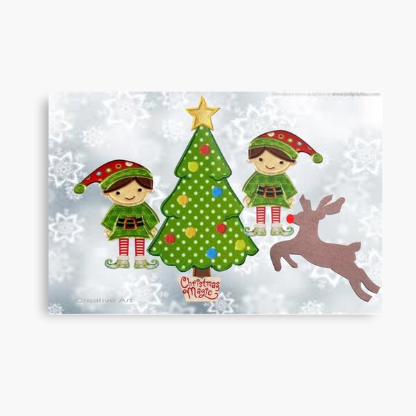 Elves with reindeer at the tree Metal Print