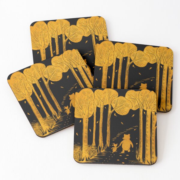 Item preview, Winnie the Pooh and Piglet lino print in gold and black designed and sold by Maddy Bennett.
