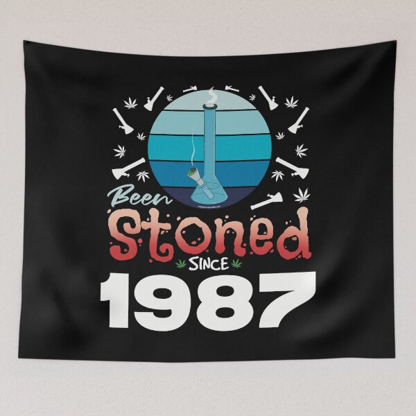 Item preview, Been stoned since 1987 (Blue retro vintage sunset with bong) designed and sold by YomeHayin.