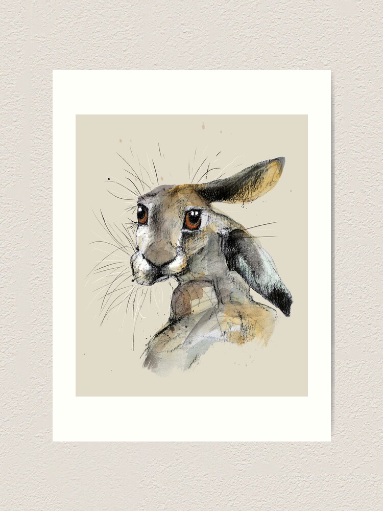 Thumbnail 2 of 3, Art Print, Charcoal Hare on a light neutral background - looking back designed and sold by LuciPower.