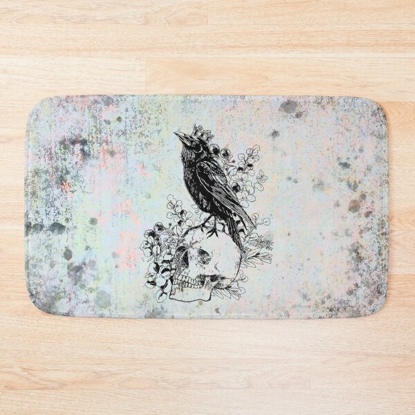 Item preview, Black raven with skull and crow, skeleton eucaliptus leaves, creepy raven designed and sold by Collagedream.