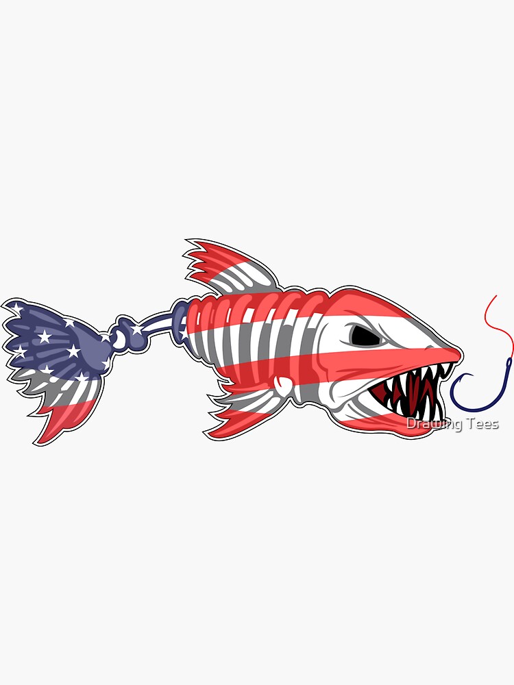 Fish bone design like USA flag design and fishing hook Sticker for Sale by  Drawing Tees