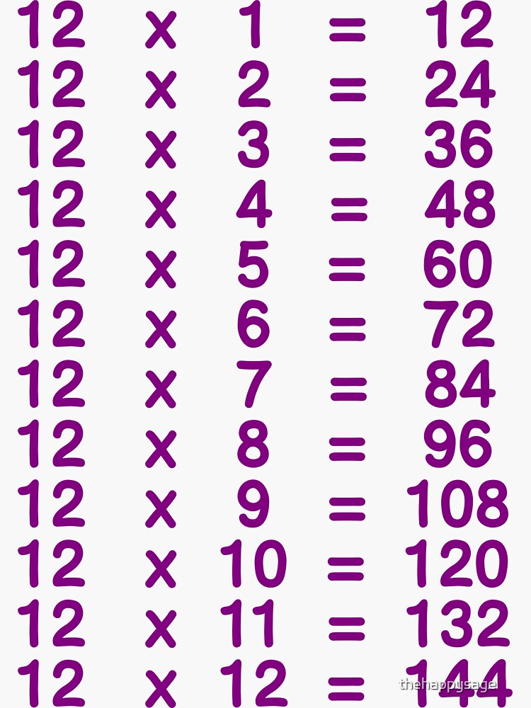 Pegatina 12 X Table Doce Times Table Learn Tablas De Multiplicar Para Niños Púrpura De 2830