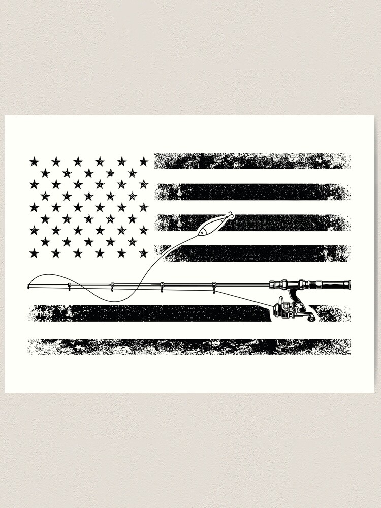 USA flag and a fishing rod with lure black and white design Art