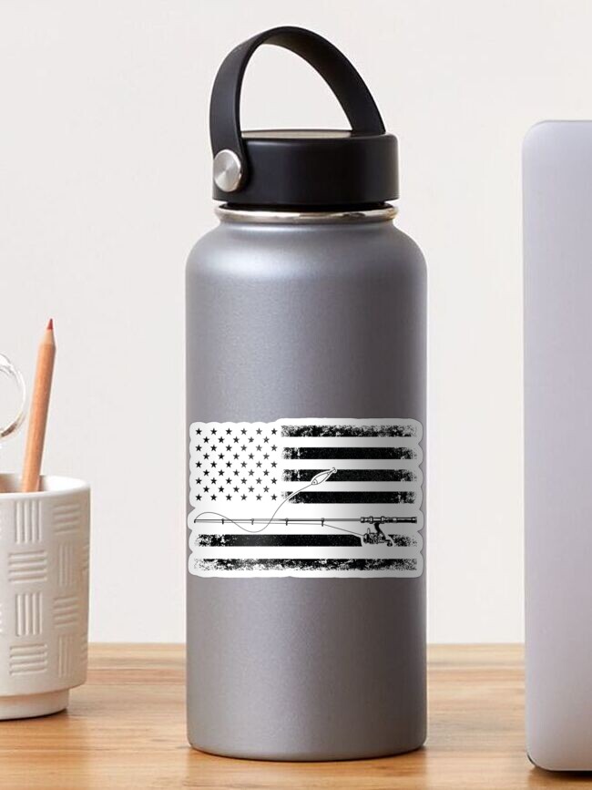 USA flag and a fishing rod with lure black and white design | Sticker