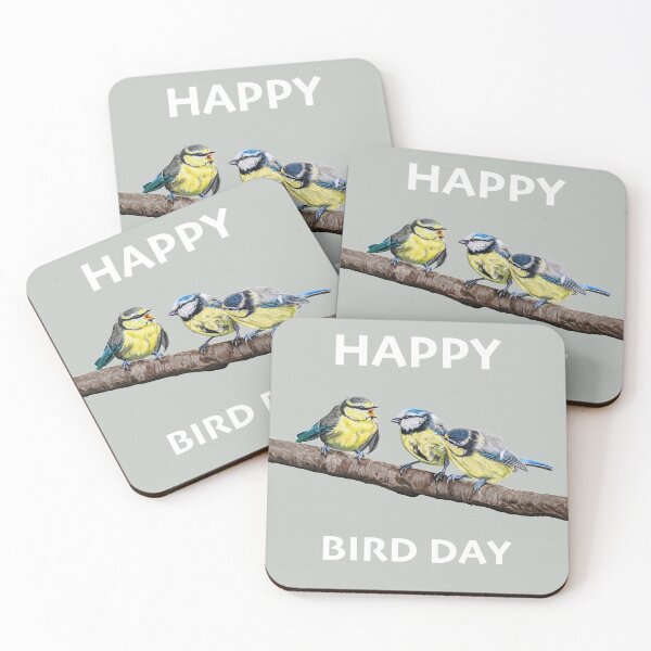 Item preview, HAPPY BIRD DAY Blue Tits sitting on a branch - twittering birds designed and sold by IslesArt.