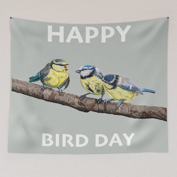 Item preview, HAPPY BIRD DAY Blue Tits sitting on a branch - twittering birds designed and sold by IslesArt.