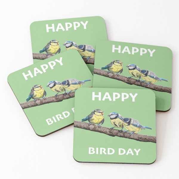 Item preview, HAPPY BIRD DAY Blue Tits sitting on a branch - twittering birds designed and sold by IslesArt.