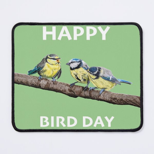 Item preview, HAPPY BIRD DAY Blue Tits sitting on a branch - twittering birds designed and sold by IslesArt.