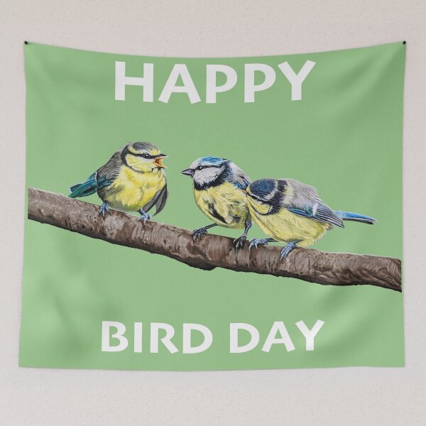 Item preview, HAPPY BIRD DAY Blue Tits sitting on a branch - twittering birds designed and sold by IslesArt.