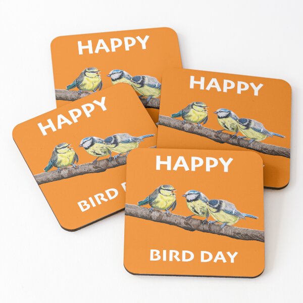 Item preview, HAPPY BIRD DAY Blue Tits sitting on a branch - twittering birds designed and sold by IslesArt.