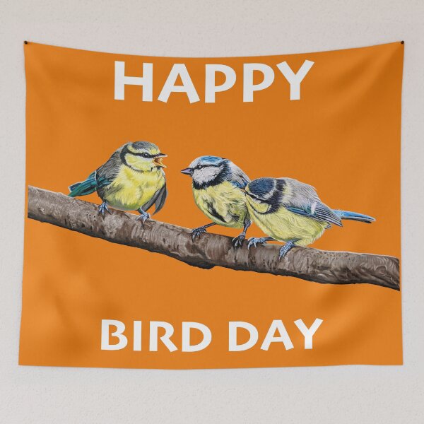 Item preview, HAPPY BIRD DAY Blue Tits sitting on a branch - twittering birds designed and sold by IslesArt.