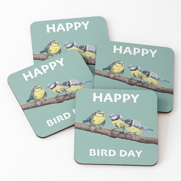 Item preview, HAPPY BIRD DAY Blue Tits sitting on a branch - twittering birds designed and sold by IslesArt.