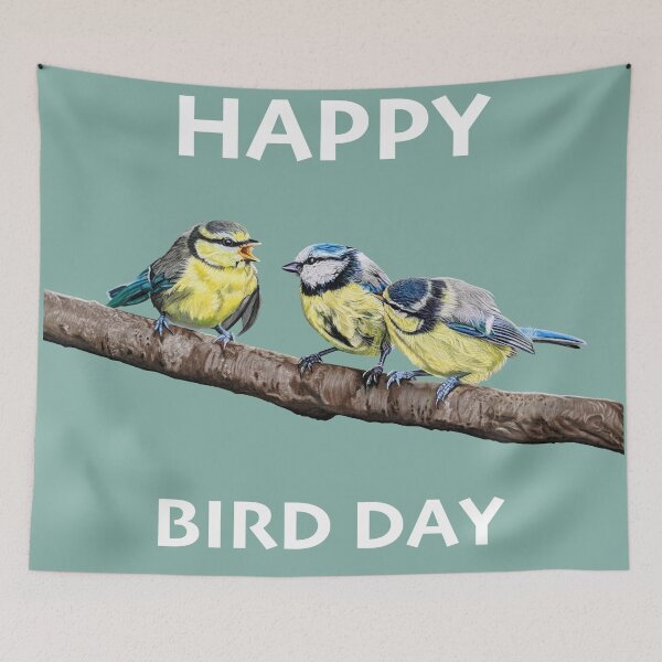 Item preview, HAPPY BIRD DAY Blue Tits sitting on a branch - twittering birds designed and sold by IslesArt.