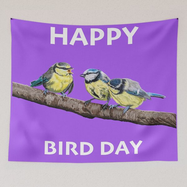 Item preview, HAPPY BIRD DAY Blue Tits sitting on a branch - twittering birds designed and sold by IslesArt.
