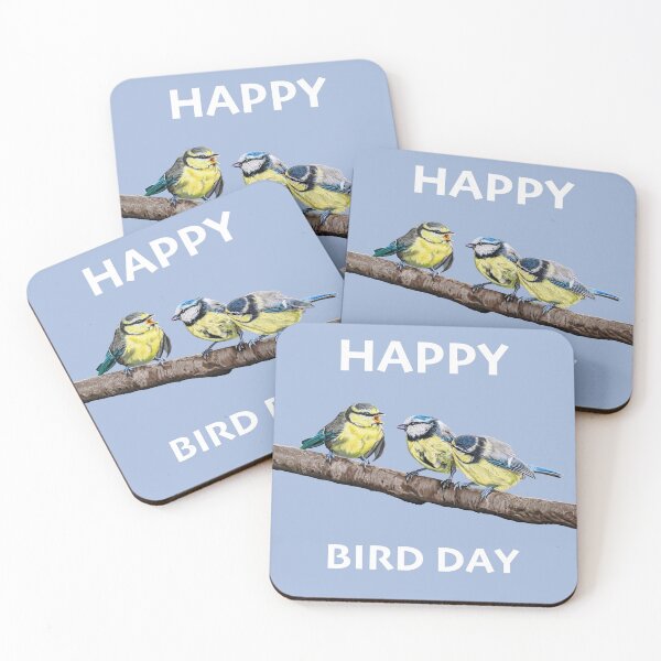 Item preview, HAPPY BIRD DAY Blue Tits sitting on a branch - twittering birds designed and sold by IslesArt.