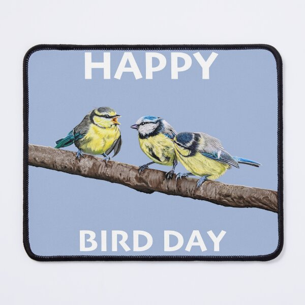 Item preview, HAPPY BIRD DAY Blue Tits sitting on a branch - twittering birds designed and sold by IslesArt.