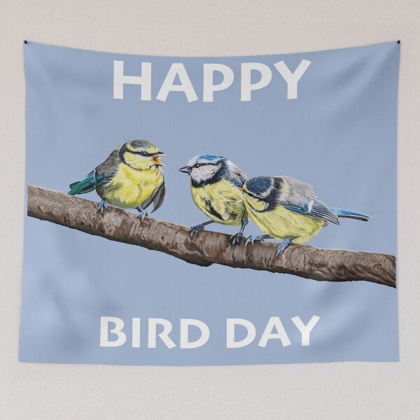 Item preview, HAPPY BIRD DAY Blue Tits sitting on a branch - twittering birds designed and sold by IslesArt.