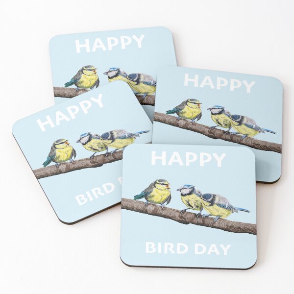 Item preview, HAPPY BIRD DAY Blue Tits sitting on a branch - twittering birds designed and sold by IslesArt.