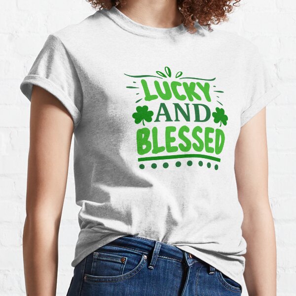 Women's White Lucky And Blessed Glitter Clover Print T Shirt