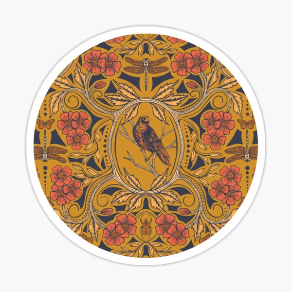Warm Mustard Yellow & Orange Crow & Dragonfly Floral Sticker