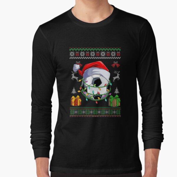 Christmas Soccer Ball Ugly Sweater Sports Xmas Lights Pajama  Long Sleeve T-Shirt