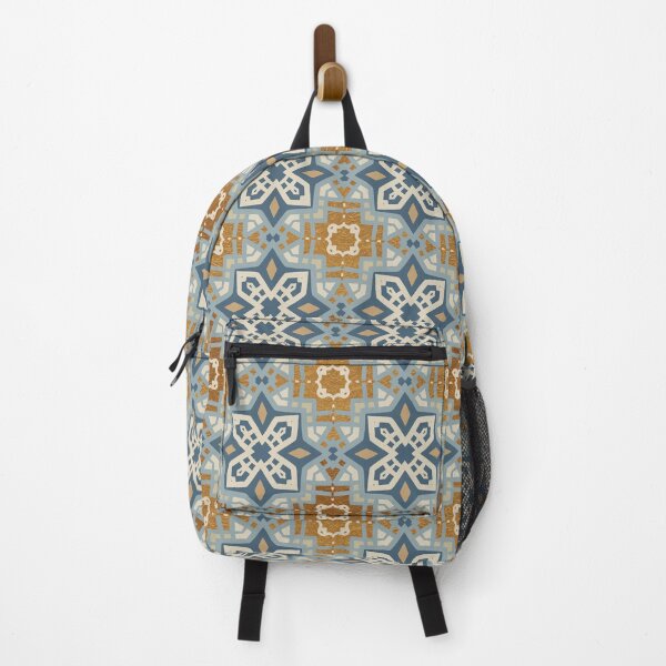 Item preview, Geometric tile pattern, with mix of smooth port blue, and gold ochre oil paint texture designed and sold by Orianah.