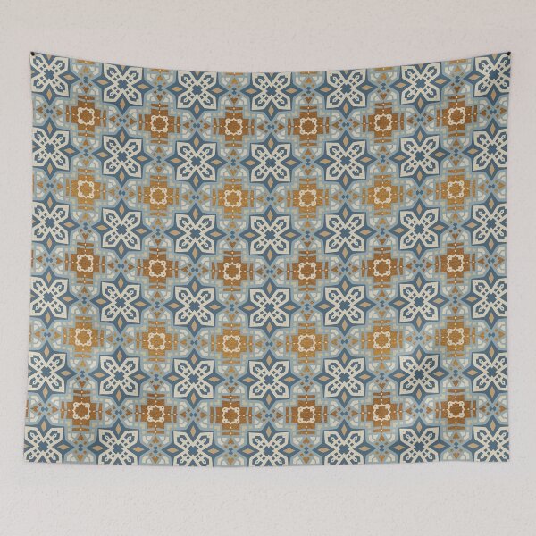 Item preview, Geometric tile pattern, with mix of smooth port blue, and gold ochre oil paint texture designed and sold by Orianah.