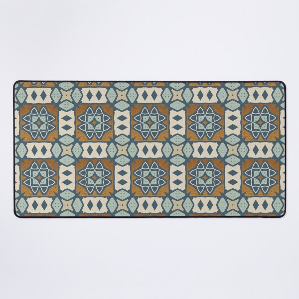 Item preview, Geometric tile pattern, with mix of smooth port blue, and gold ochre oil paint texture designed and sold by Orianah.