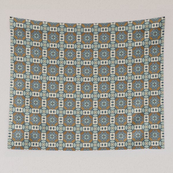 Item preview, Geometric tile pattern, with mix of smooth port blue, and gold ochre oil paint texture designed and sold by Orianah.