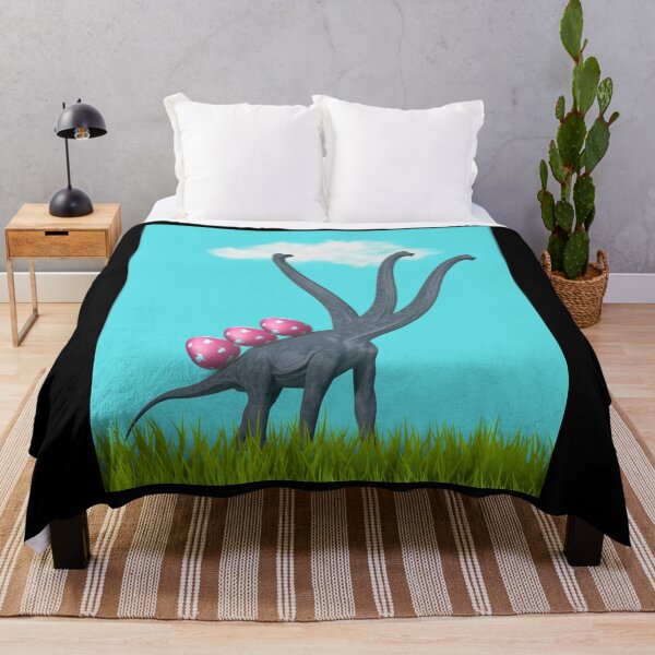 Item preview, 3-necked dinosaur carrying 3 easter eggs (blue sky, black BG) | Happy Easter | Funny Easter  designed and sold by CosmicStory.
