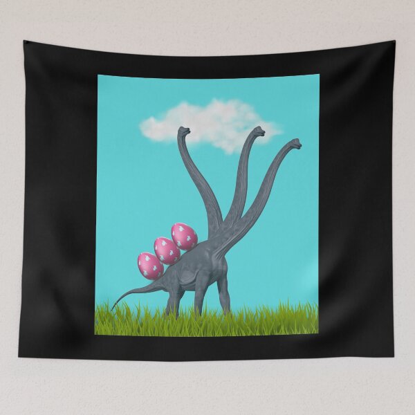 Item preview, 3-necked dinosaur carrying 3 easter eggs (blue sky, black BG) | Happy Easter | Funny Easter  designed and sold by CosmicStory.