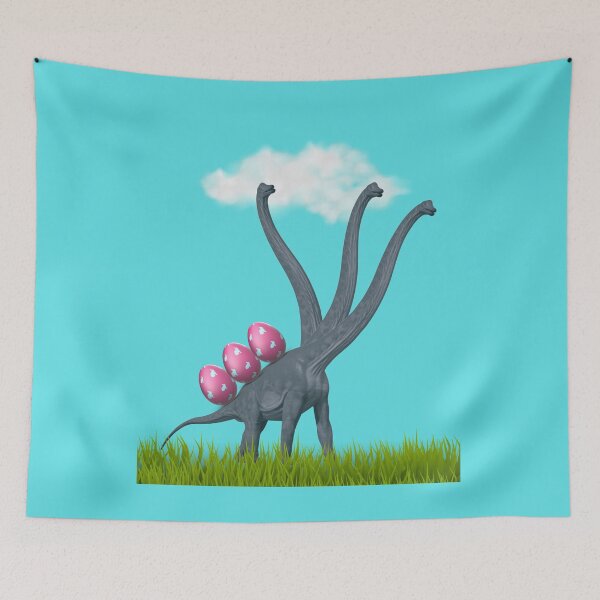 Item preview, 3-necked dinosaur carrying 3 easter eggs (blue sky, blue BG) | Happy Easter | Funny Easter  designed and sold by CosmicStory.