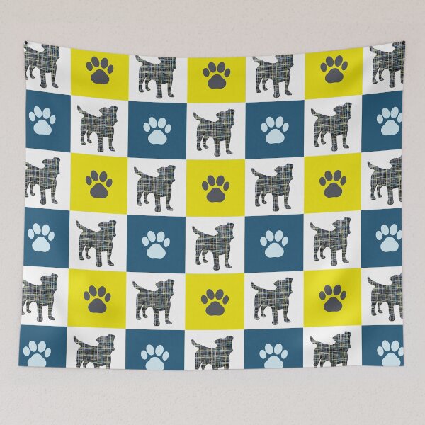 Item preview, Jack Russell Terrier Dog & Paw Repeating Blue & Yellow Grid designed and sold by AMSonArt.