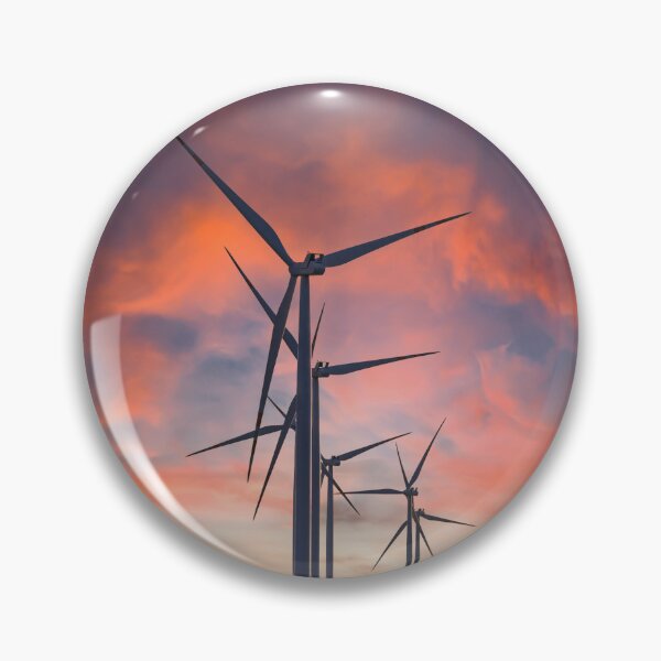 Item preview, Windmill farm on green meadow under moody red sky designed and sold by Lukasz Szczepanski.