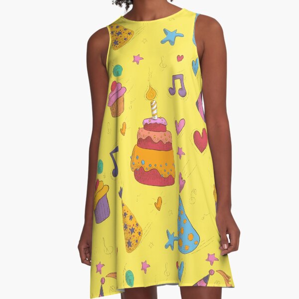 Happy Birthday Seamless Pattern with Cake, Cupcakes and Hats for Children Party A-Line Dress