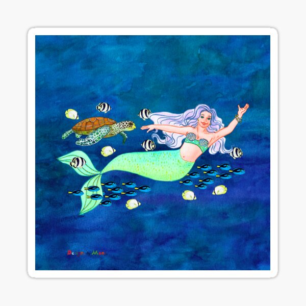 Mermaid with School of Fish and Sea Turtle Sticker