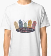 Amsterdam. Old historic buildings and traditional architecture of Netherlands. Windmill and houses with hand drawn lettering. Classic T-Shirt