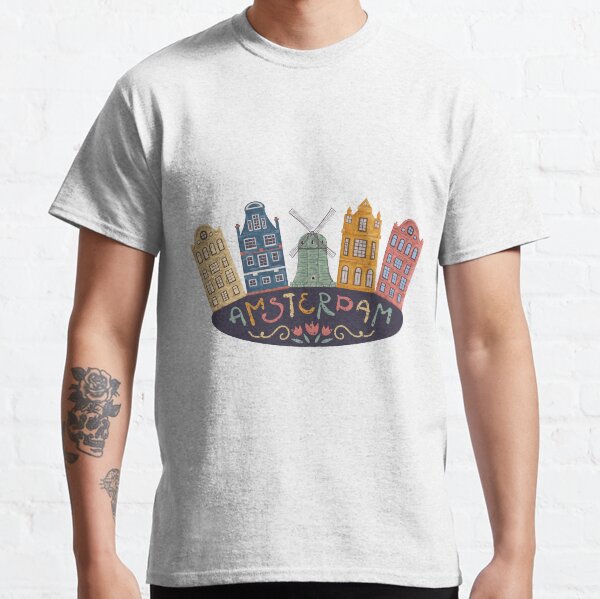 Amsterdam. Old historic buildings and traditional architecture of Netherlands. Windmill and houses with hand drawn lettering. Classic T-Shirt