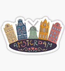 Amsterdam. Old historic buildings and traditional architecture of Netherlands. Windmill and houses with hand drawn lettering. Sticker