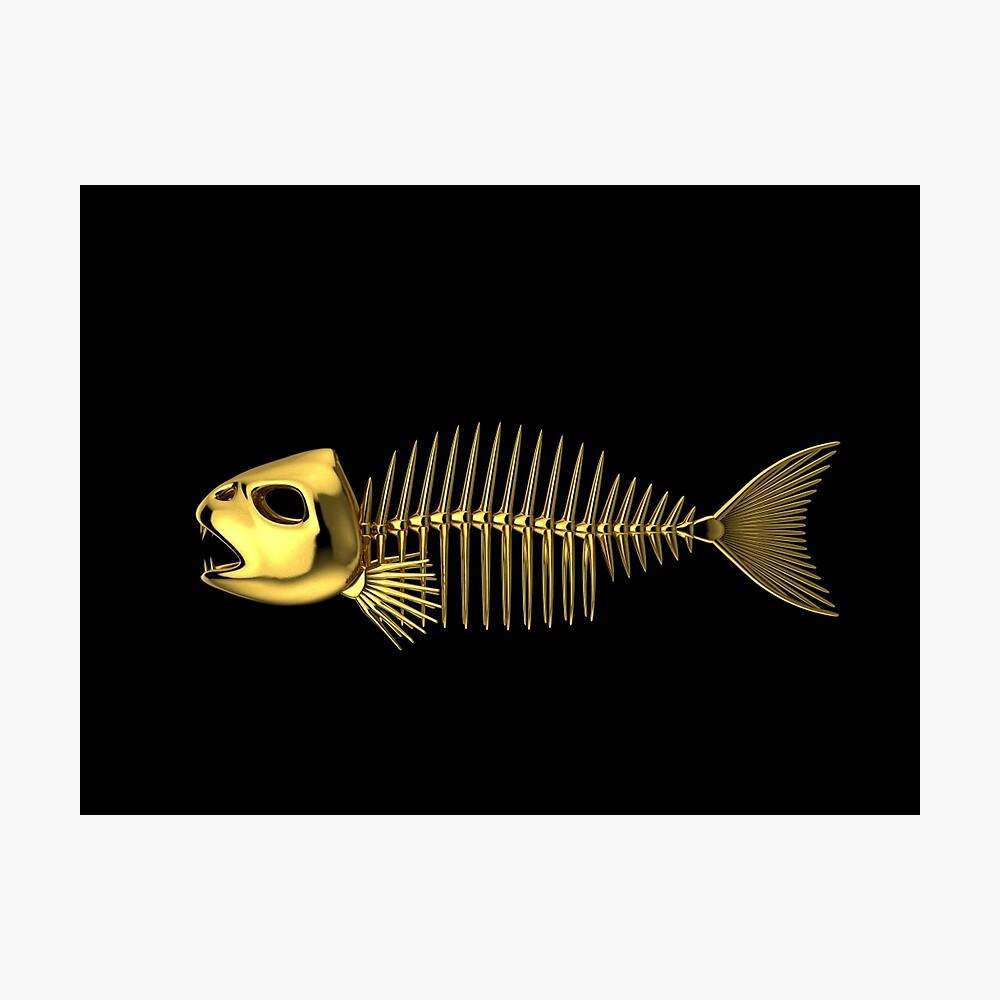 Golden Fish skeleton. Isolated on black background. Art Board