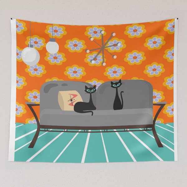 Item preview, Mid Century Modern Kitties Lounging in a Retro Styled Living Room designed and sold by LisWilliams.