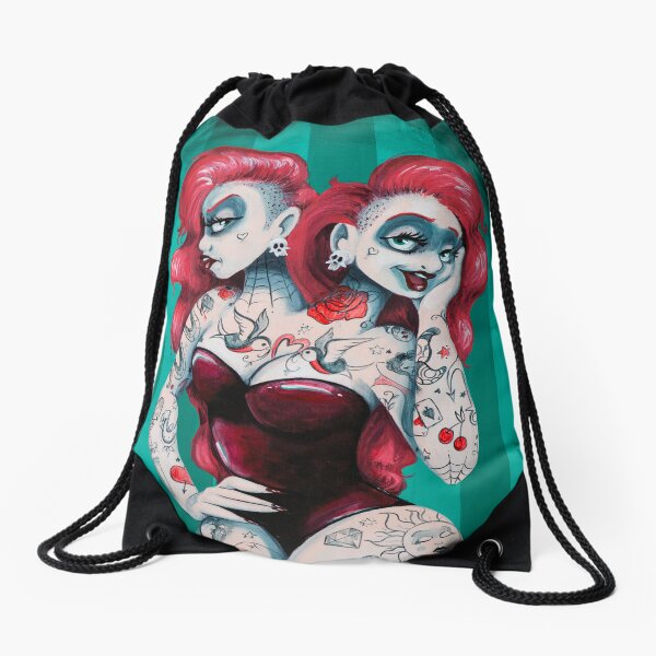 The Incredible Two-Headed Tattooed Lady Drawstring Bag